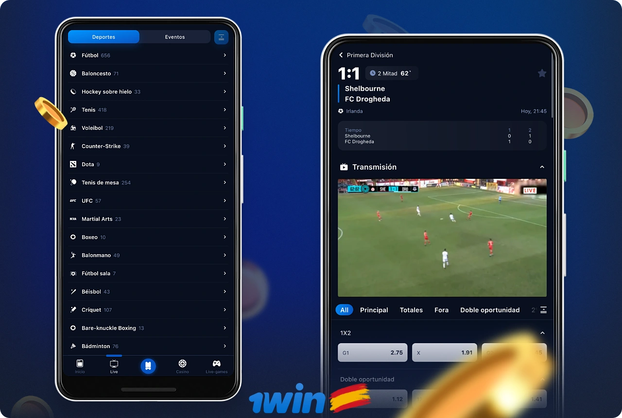 La aplicación móvil de 1win permite a los usuarios españoles apostar en una gran variedad de deportes, incluido el fútbol