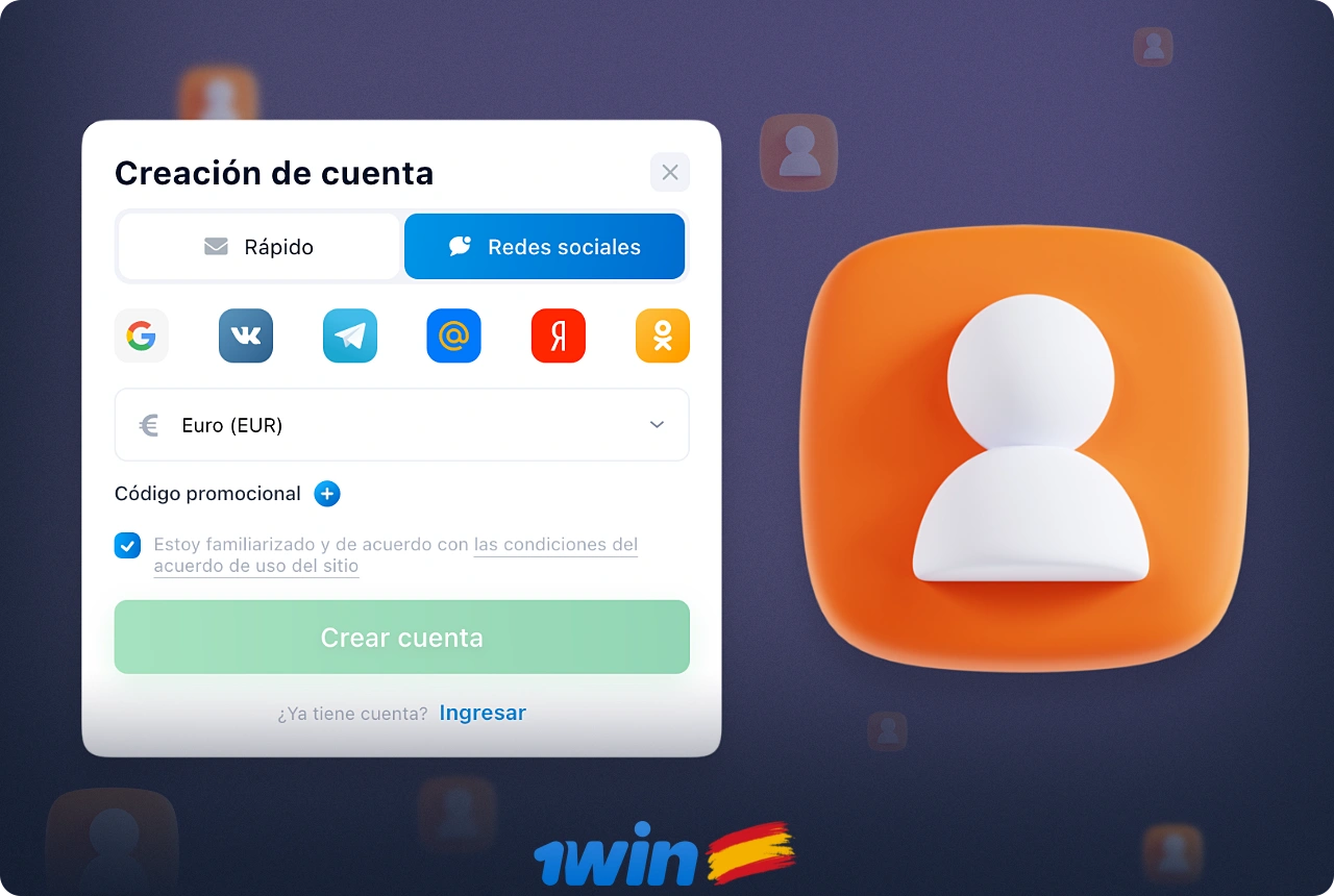 En 1win España, puedes registrarte utilizando tu cuenta de redes sociales